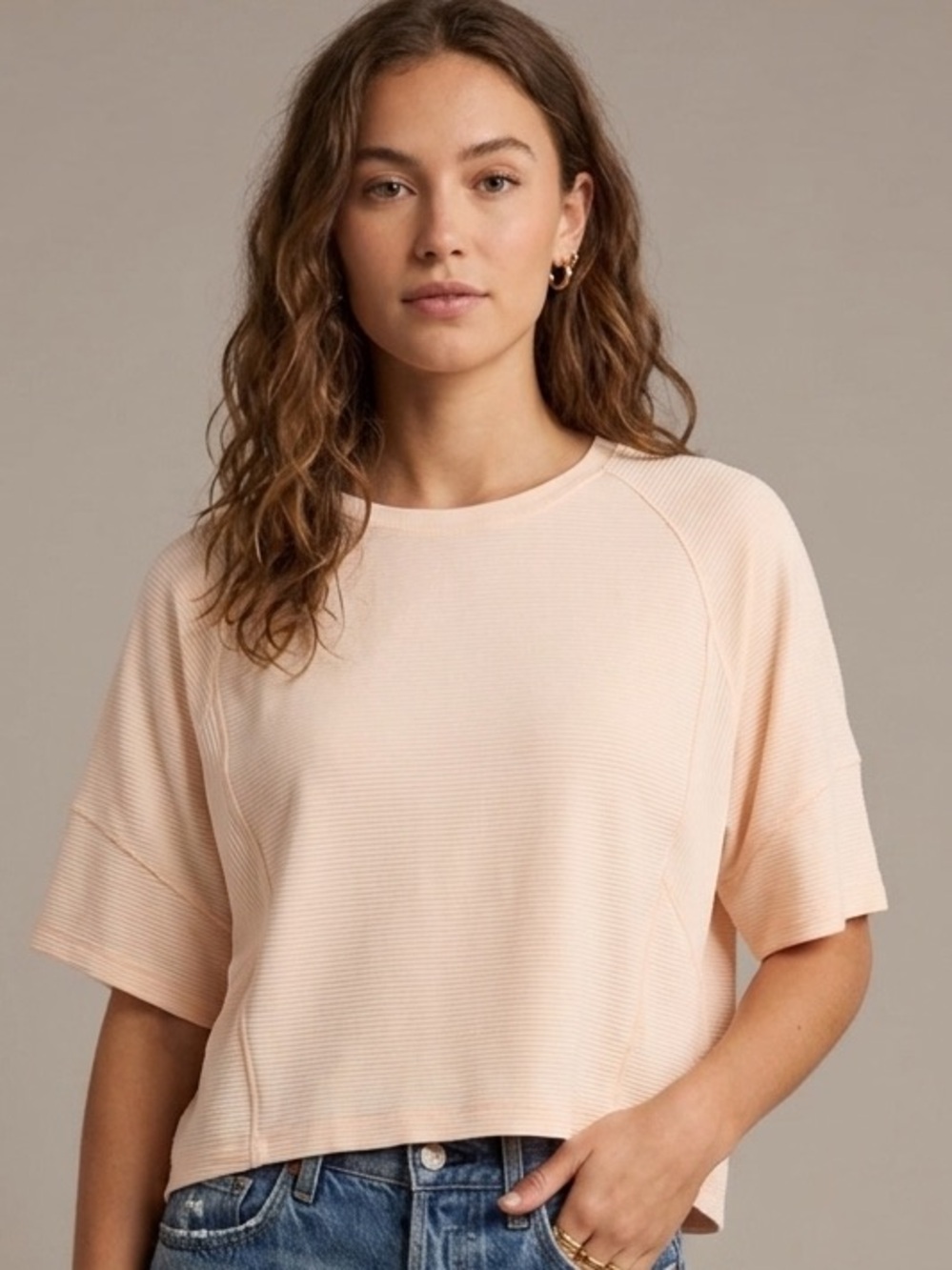Women's Beige Striped Short Sleeve Top
